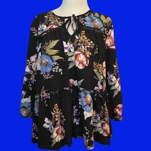 Cute Floral Baby Doll Blouse Crew Neck Keyhole Tie Closure Ladies Size Large